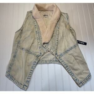 NWT Dollhouse Denim Jean Vest Cardigan Sherpa Collar - Size Junior's Large NEW